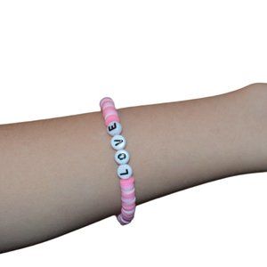 Handmade Clay Beads Elastic Kids Bracelet LOVE word Pink White 2.5 length/half
